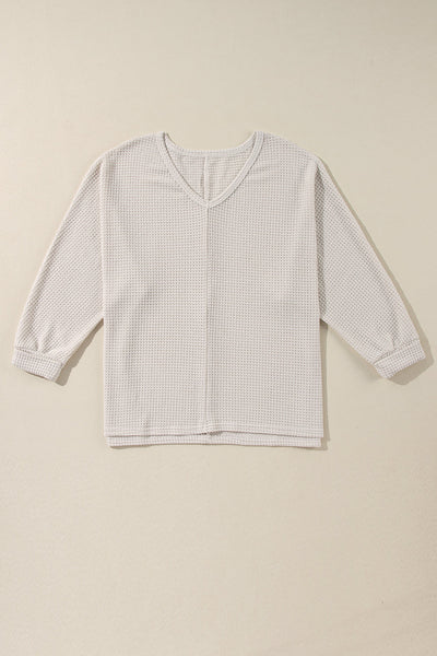 Women's Relaxed Fit White Waffle Knit V-Neck Top with Side Slits - Effortless Casual Shirt for Stylish Everyday Wear
