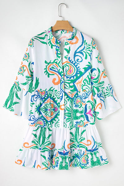 Women's Boho Chic Green Tribal Print Mini Dress with Button Details & Bracelet Sleeves - Perfect for Summer Outings