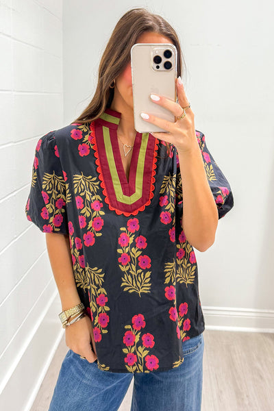 Trendy Floral Print Black Blouse for Women - Short Bubble Sleeves, Slit Neckline, Chic and Stylish Casual Top