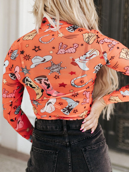 Rodeo Chic Orange Mesh Long Sleeve Bodysuit