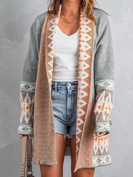 Plus Size Casual Cardigan, Women's Plus Letter Print Long Sleeve Open Front Cardigan