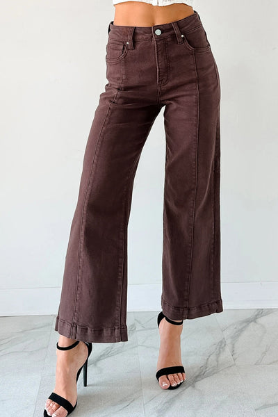 Women's Red Sandalwood High-Waist Seamed Wide Leg Cropped Jeans