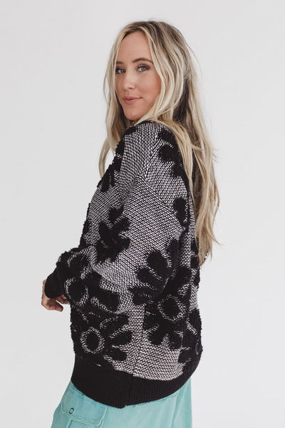 Chic Women's Black Floral Plush Sweater with Drop Shoulder Design for a Relaxed Fit and Cozy Style