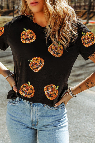 Women's Black Sequin Pumpkin Face Halloween T-Shirt - Fun, Festive, and Comfortable Casual Fit for Spooky Season