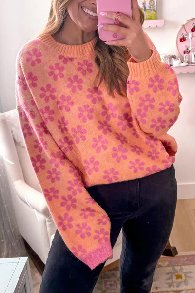 Cozy Women's Grapefruit Orange Loose-Fit Sweater with Ribbed Trim and Floral Design for Casual Chic Style
