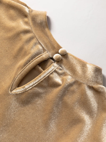 Romantic French Beige Ruffled Puff Sleeve Mock Neck Velvet Blouse