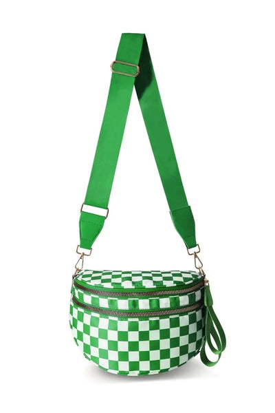 Women's Green Checkered Nylon Crossbody Bag with Wide Strap