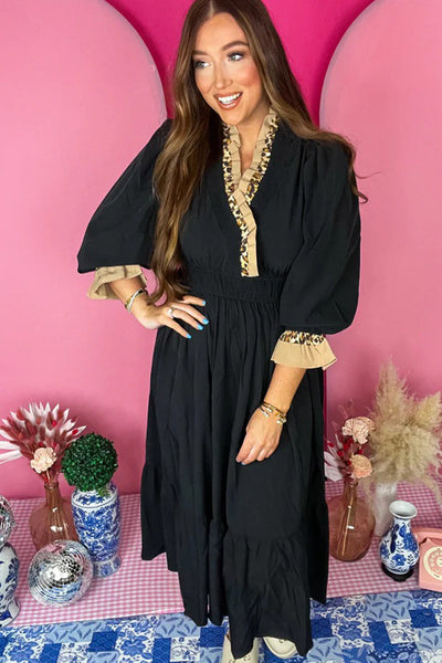 Elegant Women's Black Flowy Midi Dress with V-Neck, 3/4 Ruffled Sleeves, and Frilled Trim for Effortless Chic Style