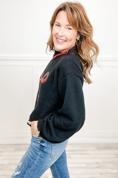 Chic Women's Black Sequin Embroidered Sweater with Ribbon Bow - Trendy Casual Knitwear for Effortless Style