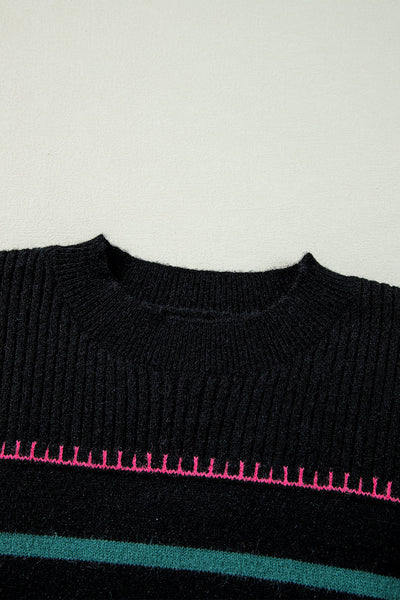Cozy Women's Black Ribbed Sweater with Colorful Trim Stylish Striped Design for Casual Outings and Everyday Comfort