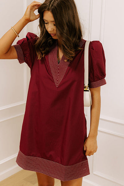 Women's Burgundy V-Neck Puff Sleeve Shift Dress made for easy styling and wardrobe coordination, with premium-like structure and finish.