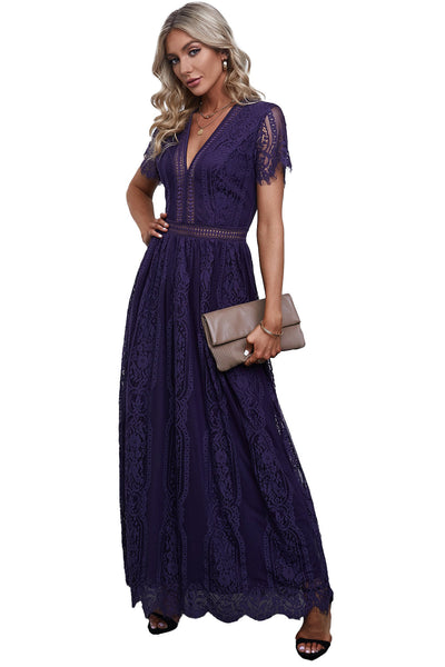 Women's Floral Crochet Lace V-Neck Midi Dress with Bell Sleeves
