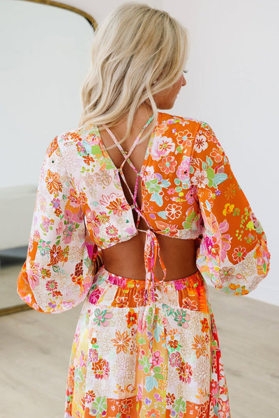 Boho Chic Women's Orange Floral Maxi Dress with Cut-Outs, Tied Back, and Bracelet Sleeves for Summer Elegance
