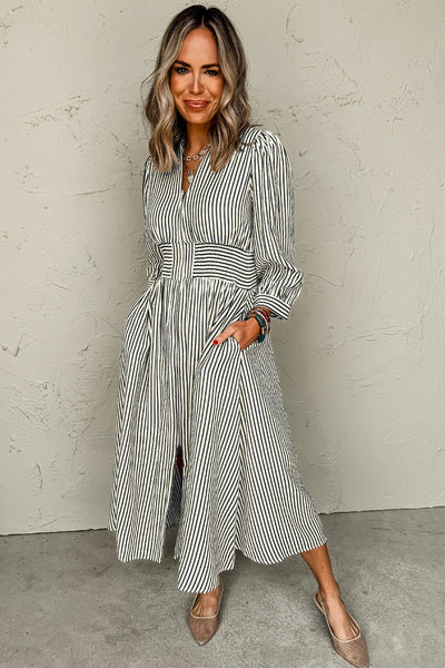 Chic Black Stripe V-Neck Midi Dress with Zip Front, Cinched High Waist for Effortless Women‚Äôs Style