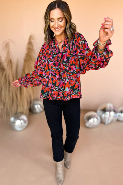 Crimson Dahlia Smocked Floral Puff Sleeve V-Neck Blouse