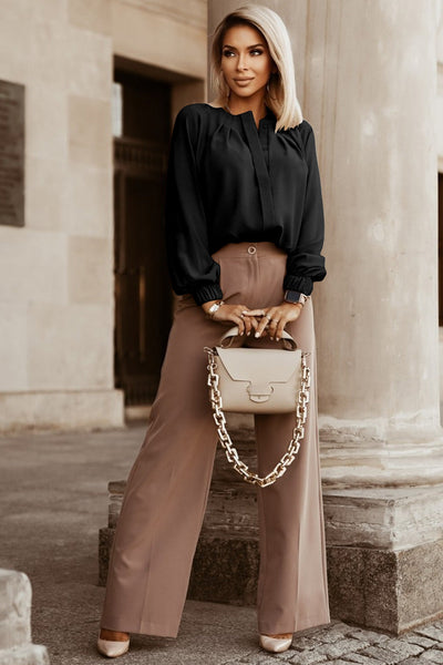 Chic Black Crew Neck Gathered Shirt for Women - Effortless Style with Stretch Cuffs for All-Day Comfort