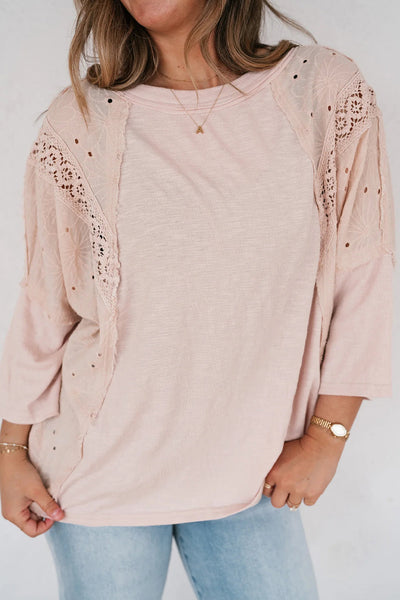 Apricot Pink Floral Lace T-Shirt for Women with Eyelet Patchwork and Bracelet Sleeves Stylish and Comfortable Top