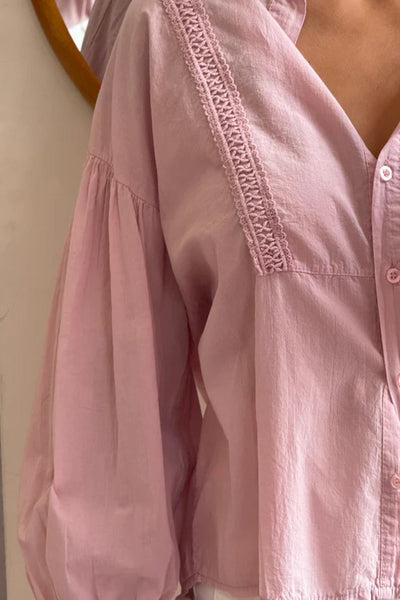 Effortless Light Pink Women's Lace Button-Down Shirt with Puff Sleeves and Drop Shoulder for Chic Everyday Wear