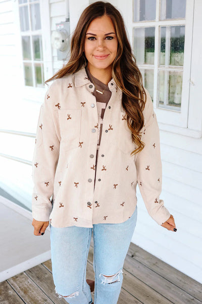 Women's Stylish Jet Stream Corduroy Shacket with Bow Embroidery - Chic Button-Down Layer for Effortless Fall Fashion