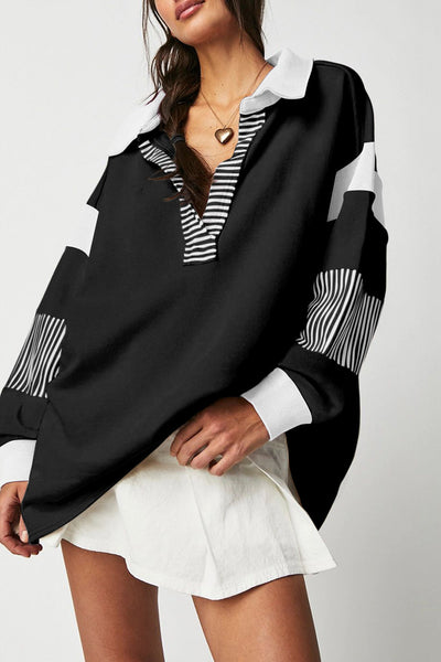Trendy Women's Black Striped Colorblock Sweatshirt with Collar Stylish & Comfortable Casual Wear for Everyday Outfits