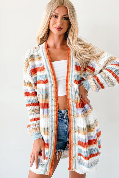 Women's Cozy Orange Striped V-Neck Cardigan Tunic Sweater - Stylish Layering Essential for Fall Fashion