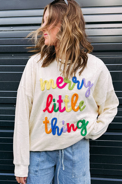 Beige Ribbed Loose Sweatshirt for Women with Corded Letter Graphic - Cozy Casual Top for Effortless Everyday Style