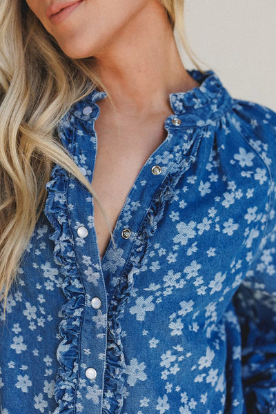 Women's Blue Floral Print Denim Shirt with Frilled Trim and Long Sleeves - Stylish Casual Fit for Everyday Wear
