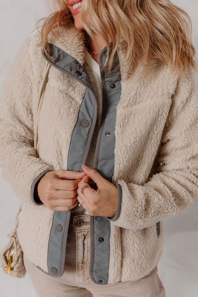 Cozy Women's Oatmeal Sherpa Fleece Winter Jacket with Snap Buttons & Contrast Trim for Ultimate Warmth and Style