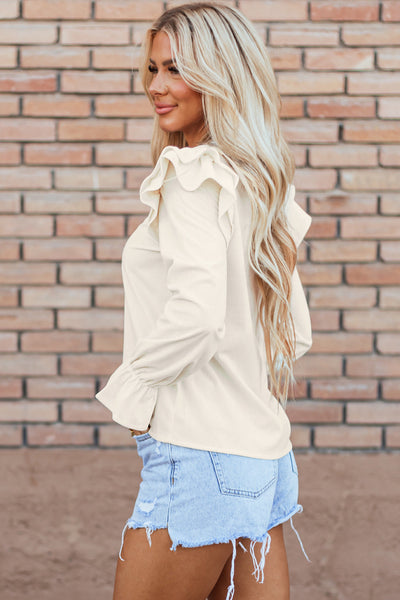 Stylish Women's Beige Corduroy Blouse with Ruffled Sleeves Comfortable Everyday Top for Effortless Chic Looks