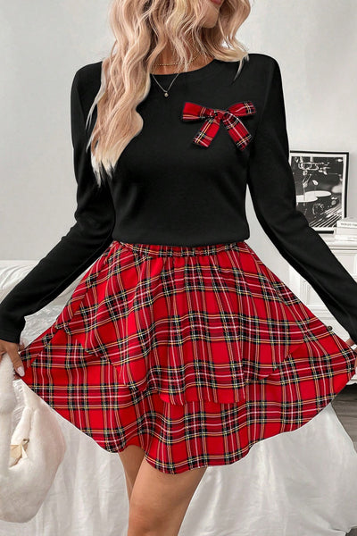 Chic Women's Red Plaid Long Sleeve Top and Ruffle Mini Skirt Set Trendy 2-Piece Outfit for Effortless Style