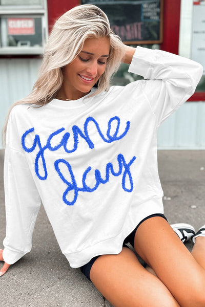 Women's White Graphic Sweatshirt with Drop Shoulders for Stylish Game Day Comfort and Effortless Casual Wear