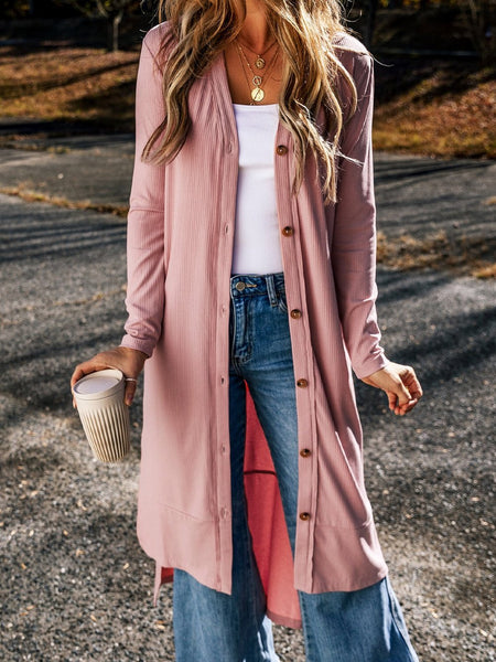 Pink Ribbed Button-Up Duster Cardigan with Side Splits