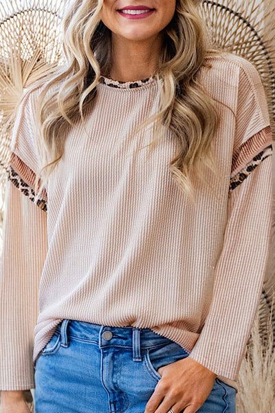 Chic Women‚Äôs Beige Ribbed Leopard Color Block Long Sleeve Top with Drop Shoulder for Trendy Casual Style