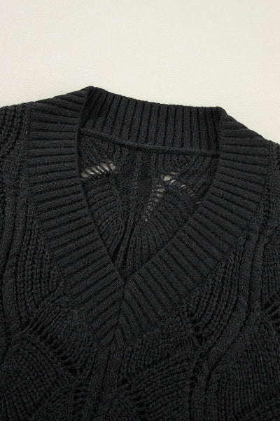 Elegant Women's Black V-Neck Sweater with Hollow Out Design and Drop Shoulders - Cozy Knit Top for Casual Style