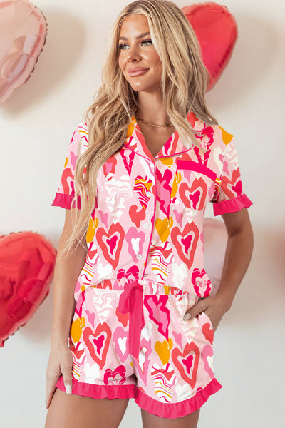 Cozy Women's Pink Heart Print Pajama Set with Ruffle Trim - Whimsical 2-Piece Short Sleeve Sleepwear for Relaxation