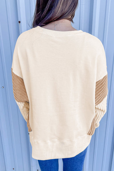 Cozy Women's Apricot Corduroy Patchwork Sweatshirt - Long Sleeve, Drop Shoulder, Perfect for Casual Everyday Style