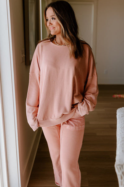 Cozy Women's Apricot Pink Lounge Set: Drop Shoulder Pullover & Drawstring Pants for Relaxed Comfort and Style
