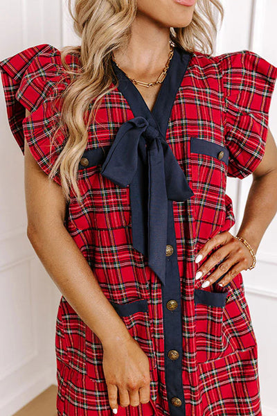Women's Festive Red Plaid Mini Dress with Ruffled Sleeves and Bow Detail, Perfect for Parties and Special Occasions