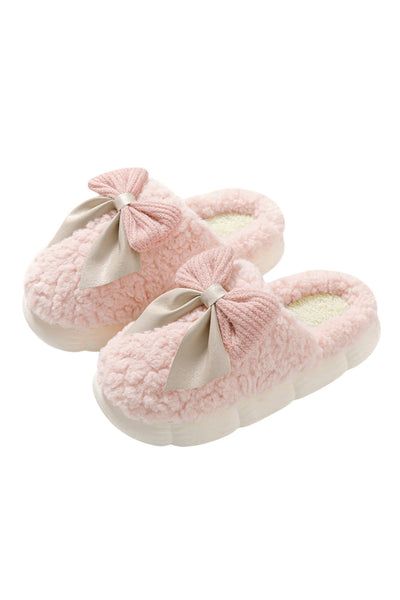 Cozy Pink Plush Winter Slippers for Women with Contrast Bowknot Applique - Stylish and Comfortable Indoor Footwear
