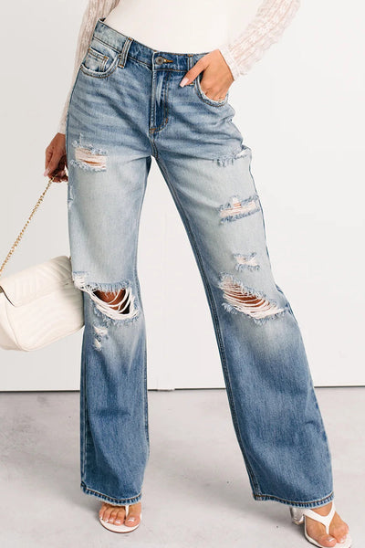 Chic Women's Classic Blue Mid Rise Distressed Straight Leg Jeans for Everyday Comfort and Style