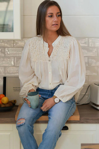 Stylish Beige Floaty Blouse for Women - Smocked Chest, Elastic Cuffs, Loose Fit for Ultimate Comfort