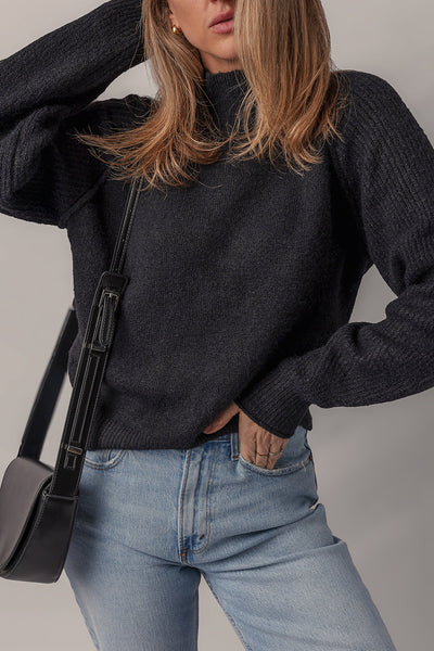Stylish Women's Black Ribbed Knit High Neck Sweater with Cozy Raglan Sleeves - Ideal for Casual Chic Outfits