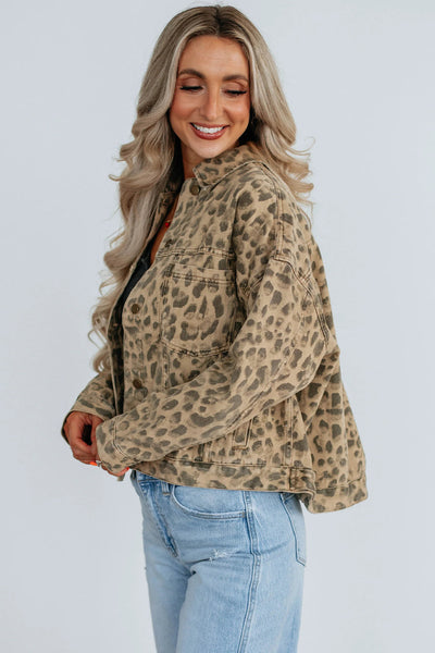 Women's Khaki Retro Leopard Print Denim Jacket with Seam Detail & Button Closure - Stylish & Trendy Outerwear