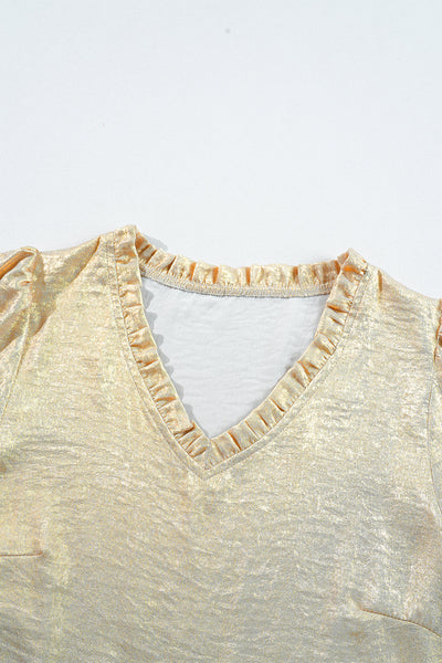 stylish women's gold metallic frilled v-neck puff sleeve babydoll blouse for day or night fashion looks with practical styling and dependable