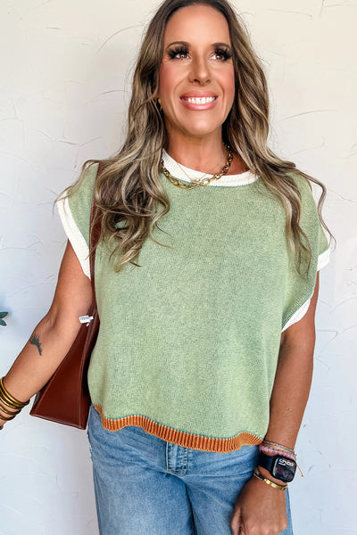 Women's Grass Green Colorblock Sweater Top with Contrast Trim - Loose Fit, Short Sleeve, Stylish Patchwork Design
