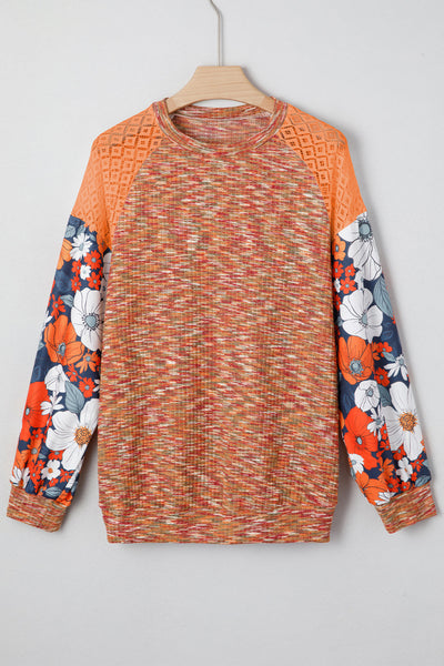 Stylish Women's Orange Heathered Knit Long Sleeve Blouse with Floral Lace Patchwork - Comfortable Everyday Top