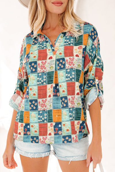 Women's Patchwork Floral Print Long Sleeve V-Neck Blouse