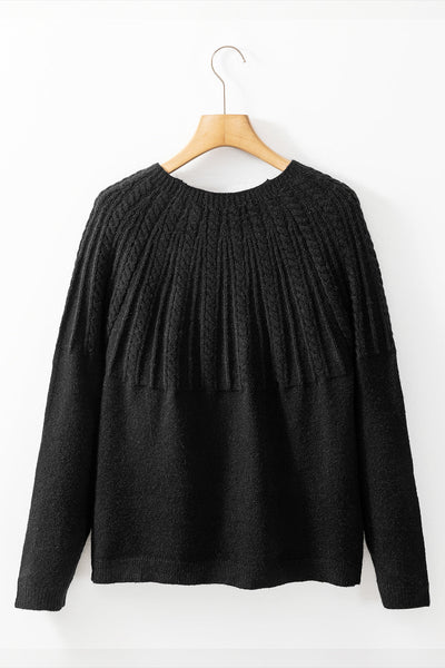 Women's Black Textured Cable Knit Cardigan with Wooden Buttons