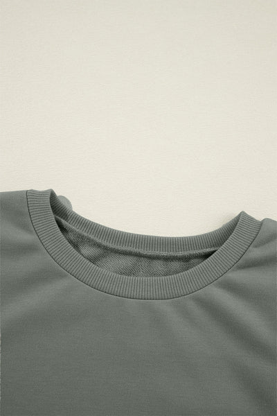 Cozy Women's Grayish Green Patchwork Sweatshirt with Round Neck and Long Sleeves for Casual Style and Comfort
