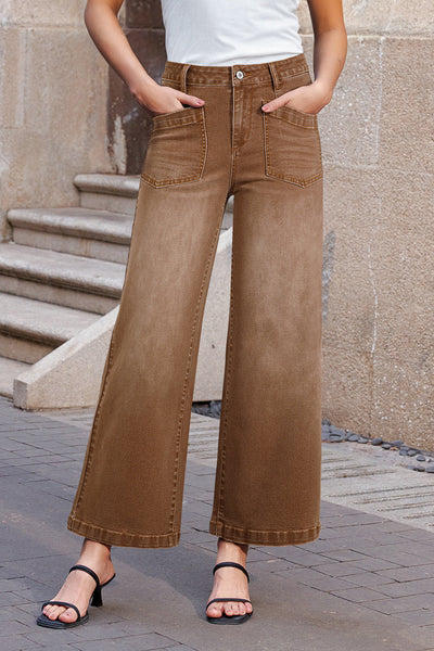 Stylish Brown Minimalist Women's Shift Jeans with Functional Patch Pockets for Effortless Comfort and Versatile Fashion